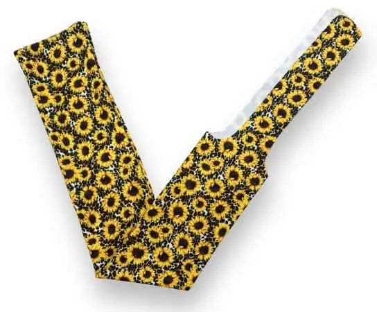 Yellow sunflower lycra tail bag sleeve with black centers and white lining