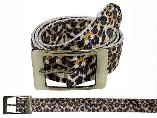 Leopard print nylon belt with silver buckle and pre-punched holes