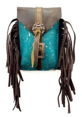 Back of acid wash teal turquoise cowhide saddle bag with brown fringe buckle