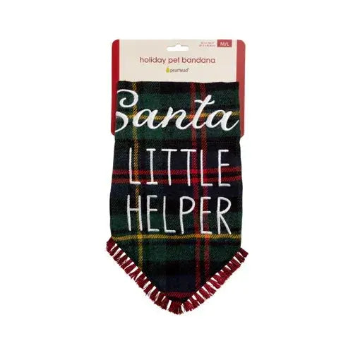 Santa’s Little Helper dog bandana in green red plaid with embroidered text