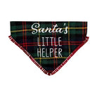 Santa’s Little Helper dog bandana in green red yellow plaid with frayed edges