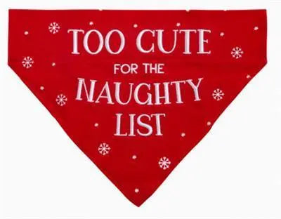 Red dog bandana with white snowflakes and Too Cute for the Naughty List text