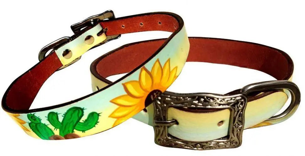 Leather Sunflower & Cactus Dog Collar Dog