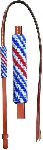 4ft Leather over & under whip with red, white, and blue beaded overlay. Horse
