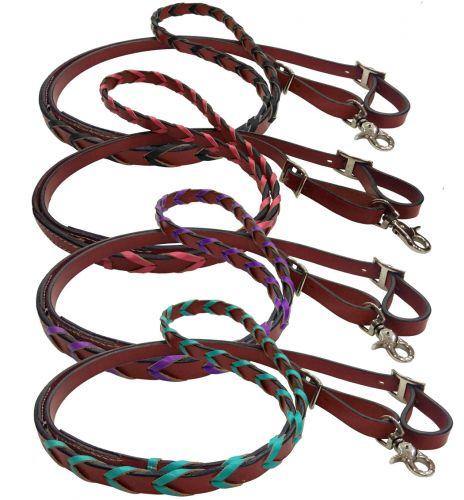 8ft leather braided rein with colored lacing - KP Pet Supply