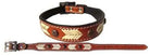Genuine brown leather dog collar with tan white geometric stitching rawhide lacing metal hardware