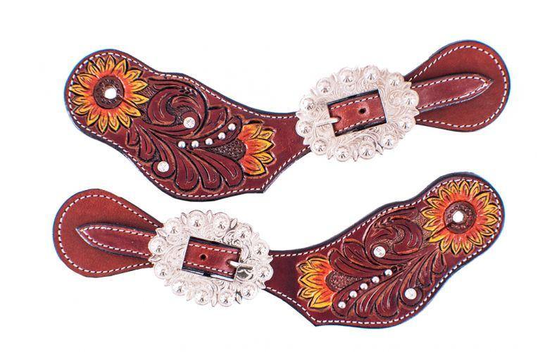 Sunflower Hand Painted Spur Straps with Floral Tooling - KP Pet Supply