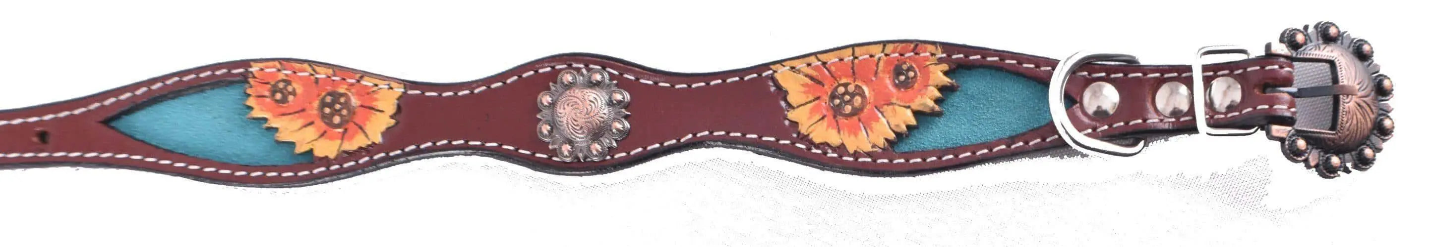 Hand Painted Sunflowers leather dog collar with copper buckle. Dog