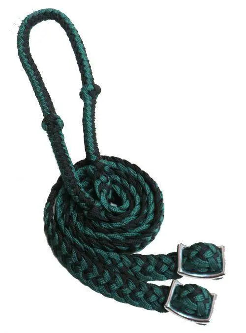 Braided Nylon Barrel Reins with Easy Grip Knots Black Hunter Green Horse