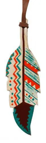 5" painted leather tie on feather with Southwest design. Teal Horse