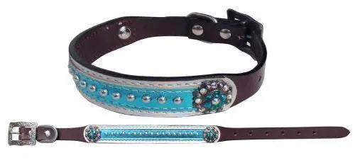 Leather Dog Collar with Metallic Teal Overlay Dog