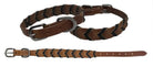 Brown leather dog collar with black braided accents and silver hardware