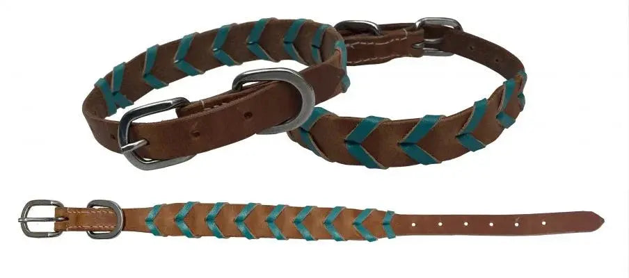 Brown leather dog collar with teal chevron braid and silver hardware