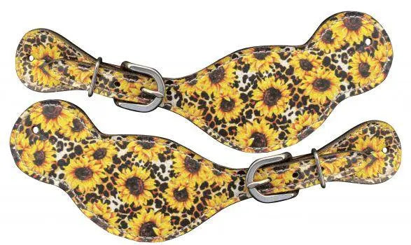 Sunflower cheetah print leather spur straps with silver buckles
