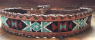 Genuine leather dog collar with teal, white, and black southwest beaded inlay design, a leather wrapped edge Dog