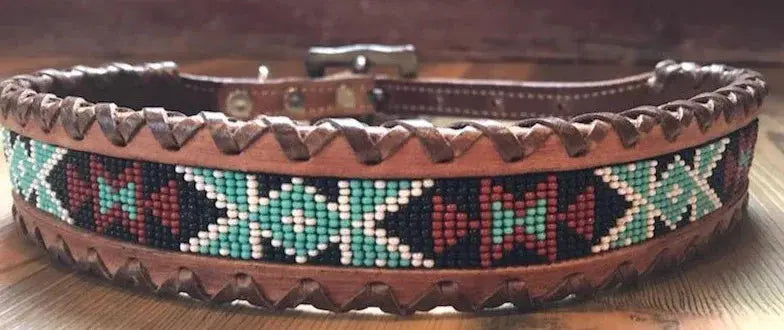 Genuine leather dog collar with teal, white, and black southwest beaded inlay design, a leather wrapped edge Dog