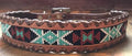 Genuine leather dog collar with teal, white, and black southwest beaded inlay design, a leather wrapped edge