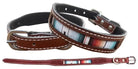 Teal Serape Southwest printed brown leather dog collar with striped inlay