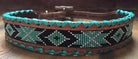 Genuine leather dog collar with turquoise black Navajo beaded inlay and rawhide edge