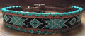 Genuine leather dog collar with teal, white, and black southwest beaded inlay design, a rawhide wrapped edge