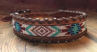Genuine leather dog collar with white, teal, and burgundy southwest beaded inlay designa leather wrapped edge and copper hardware. Dog