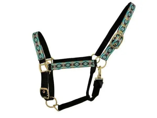 2ply Teal & Brown Halter Southwest Overlay Print Nylon Horse Sized Halter Horse