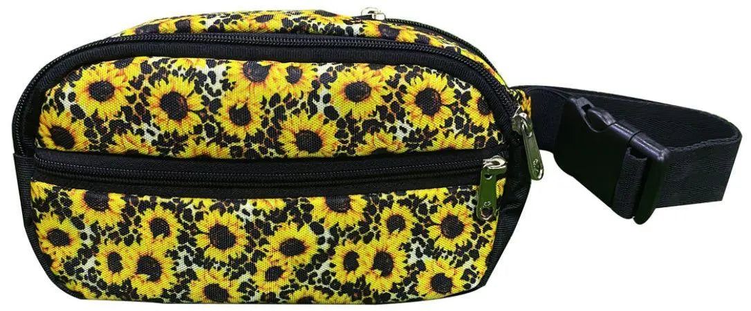Vibrant yellow sunflower hip pack with black zipper and adjustable strap