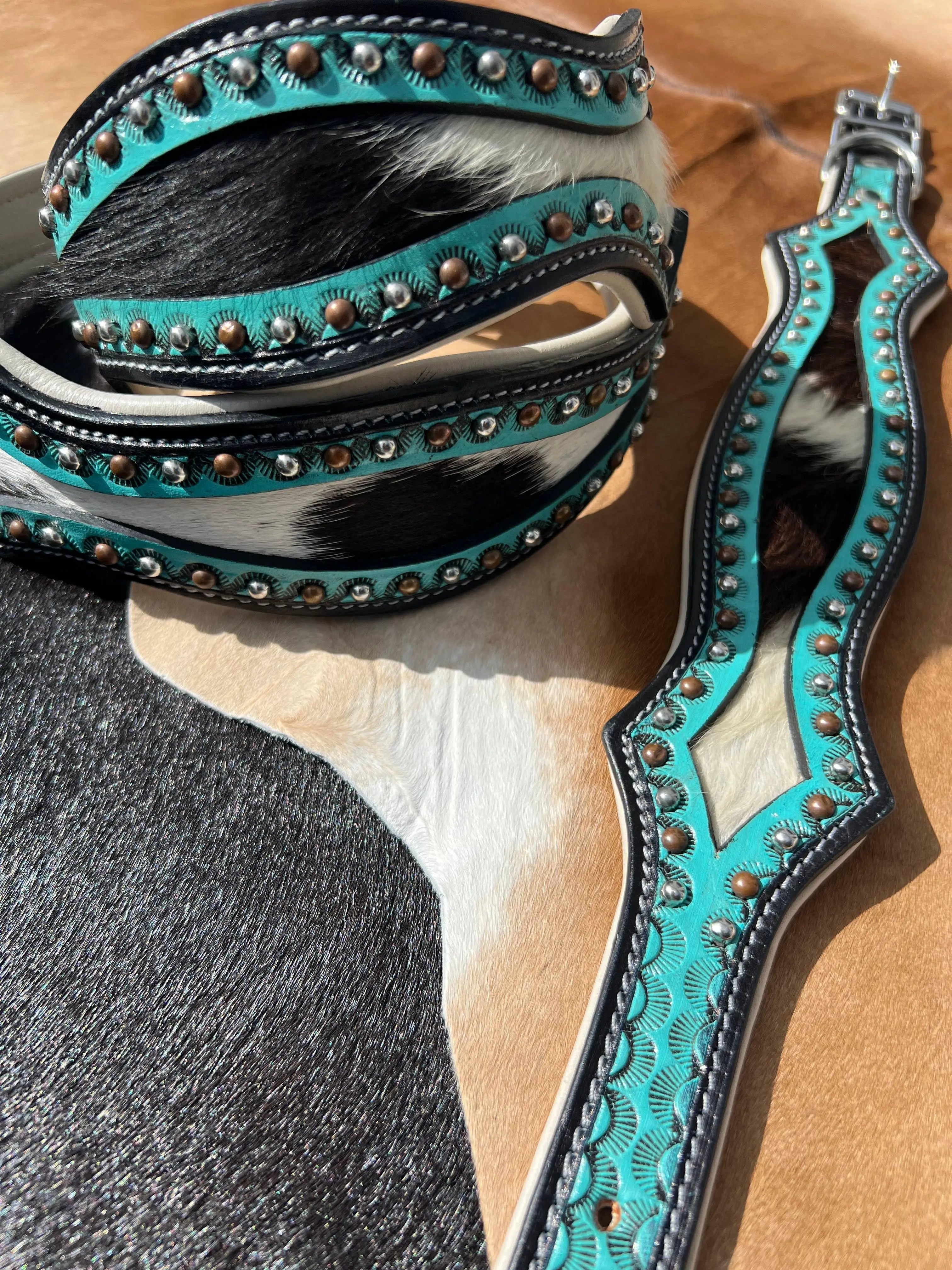Western Hair On Cowhide Scalloped Turquoise Dog Collar Dog