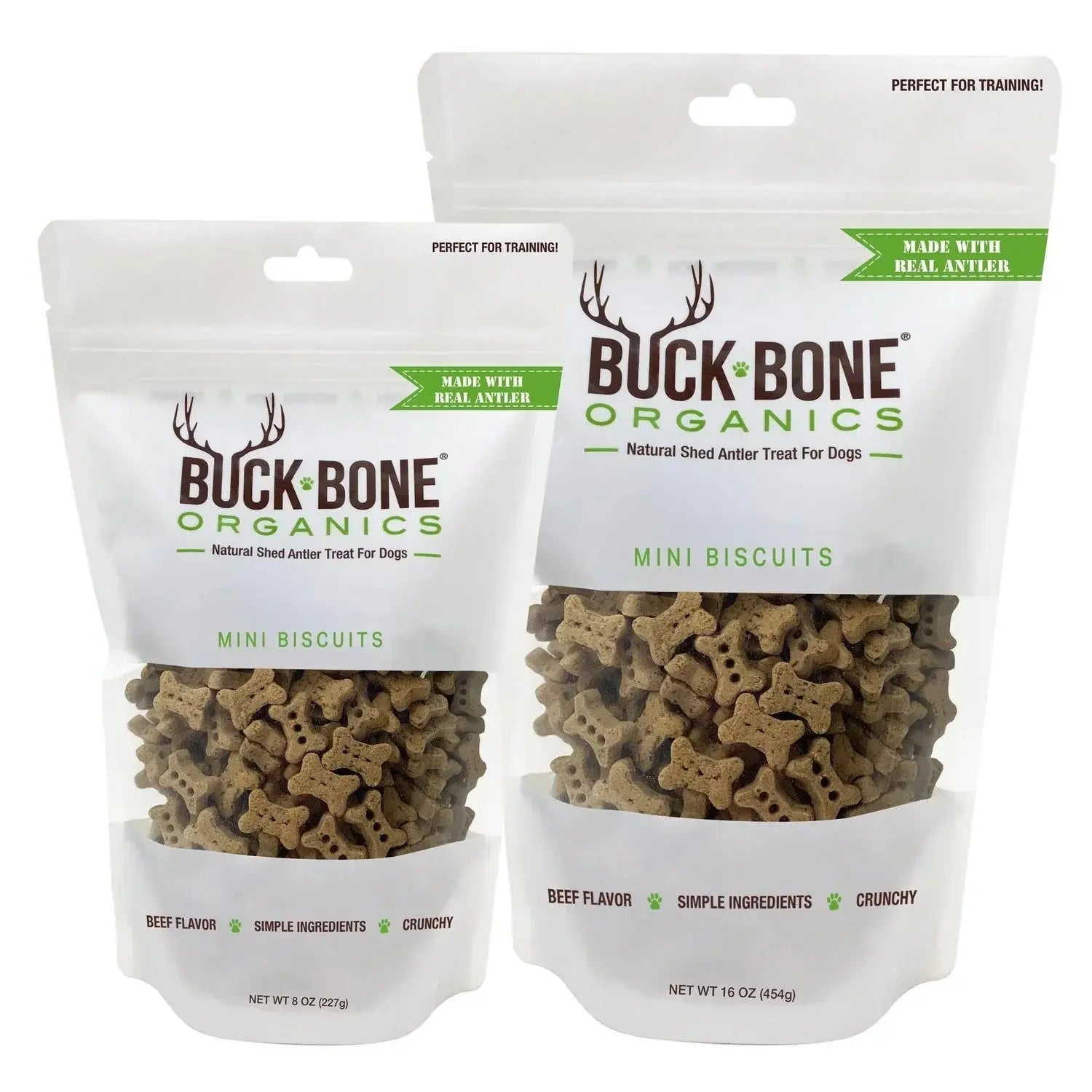 Buck Bone Organics mini bone dog treats, 8 oz and 16 oz bags