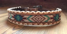 Genuine leather dog collar with teal green tan Navajo beaded inlay