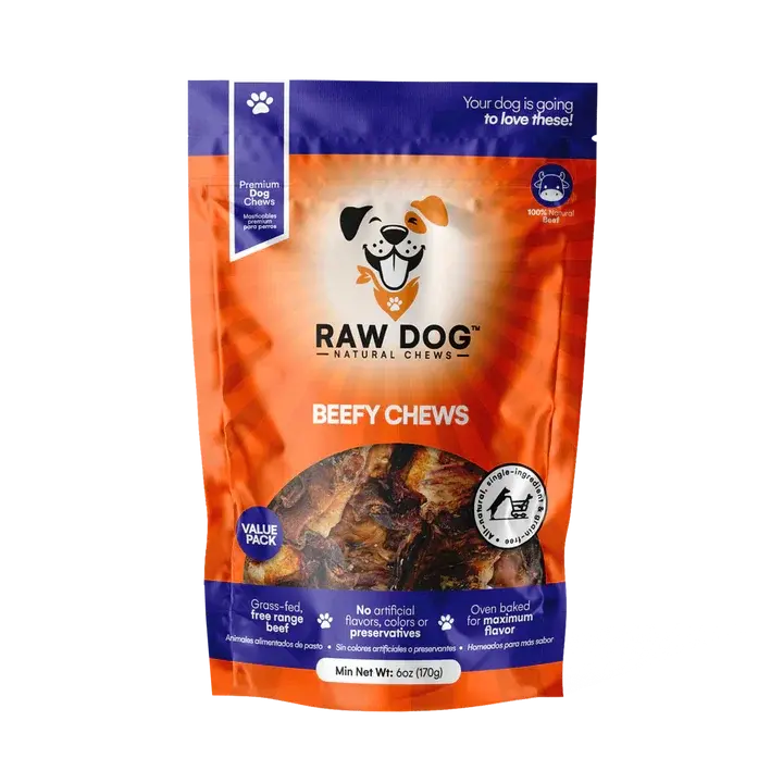 Raw Dog Beefy Chews beef larynx 6 oz pouch with cartoon dog logo