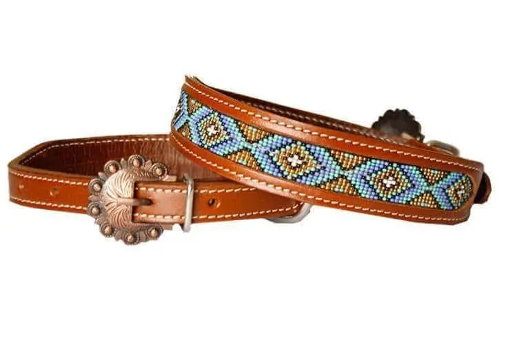 Leather Dog Collar with periwinkle, gold, and mint beaded inlay Dog