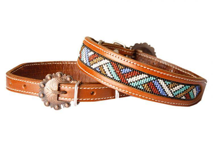 Leather Dog Collar Beaded Inlay Red, White, Periwinkle, Mint, & Gold - KP Pet Supply