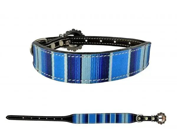 Dark oil leather dog collar with blue southwest nylon overlay and copper hardware. Dog