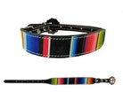 Dark oil leather dog collar with Serape southwest nylon overlay and copper hardware. Dog