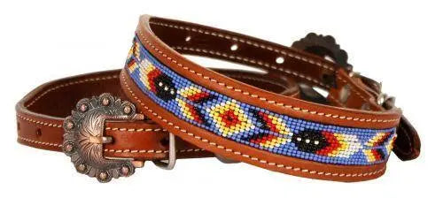 Leather Dog Collar With Periwinkle, Red & Yellow Beaded Inlay Dog