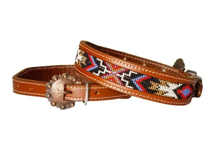 Genuine leather dog collar with red, black, periwinkle, white, and gold southwest beaded inlay design Dog