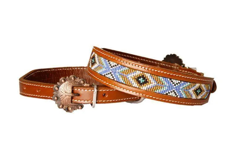 Leather Dog Collar with periwinkle, mint, white, and gold beaded inlay design Dog