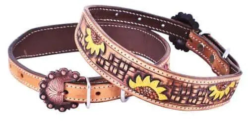 Hand Painted Sunflower leather dog collar with copper buckle. Dog