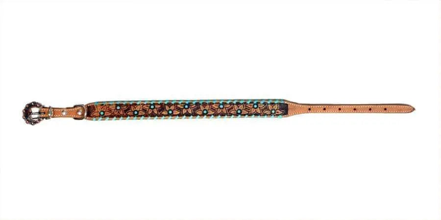 Tan leather dog collar with floral tooling and turquoise accents