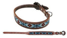 Leather Dog Collar With Teal & Red Beaded Inlay Dog