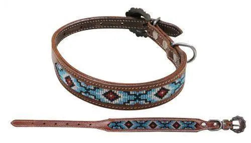 Leather Dog Collar With Teal & Red Beaded Inlay Dog