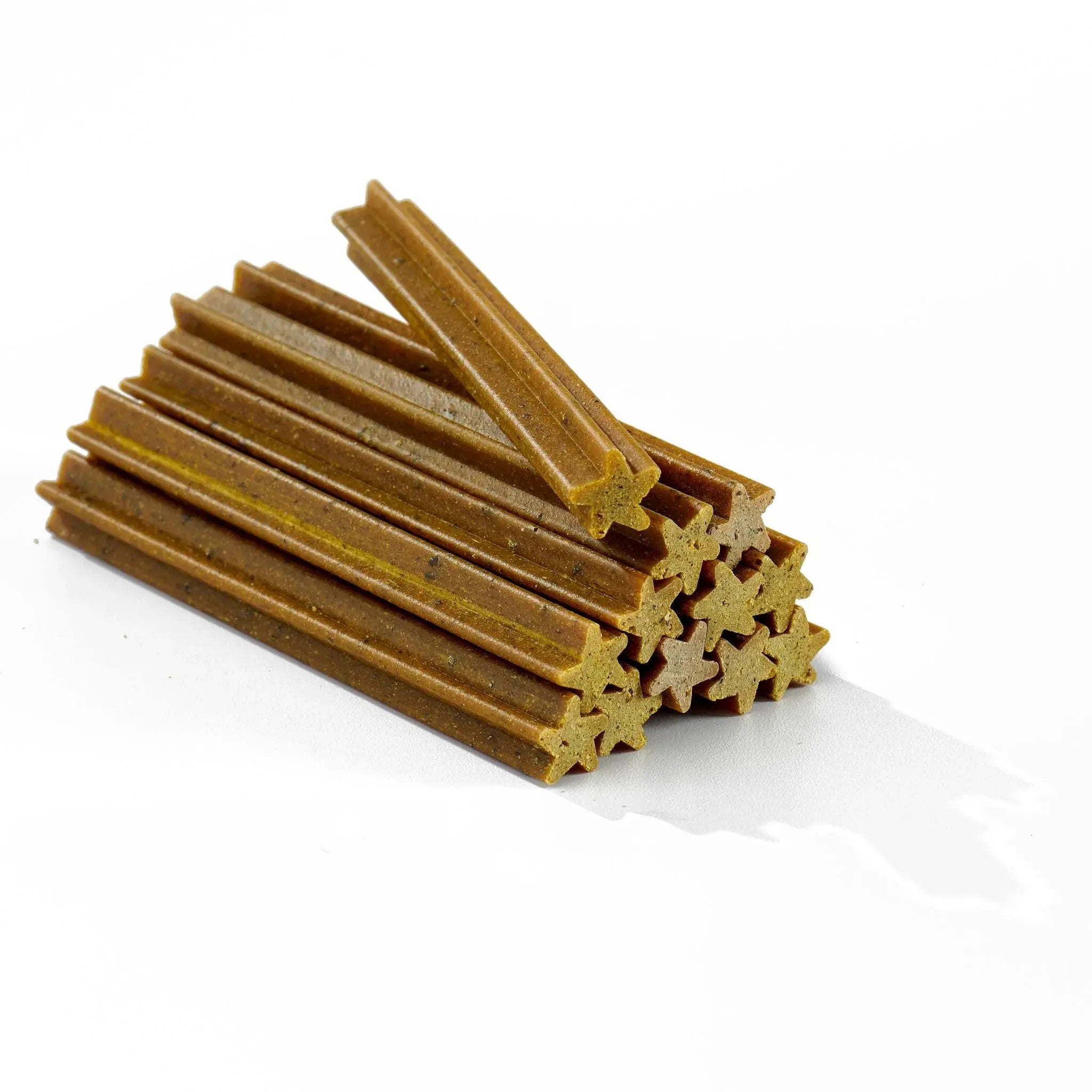 Grain free dental chews 12 pack: brown star-shaped treats with antler powder