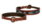 Genuine leather dog collar with turquoise, blue beaded inlay design Dog