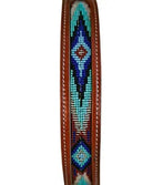 Genuine leather dog collar with turquoise, blue beaded inlay design Dog