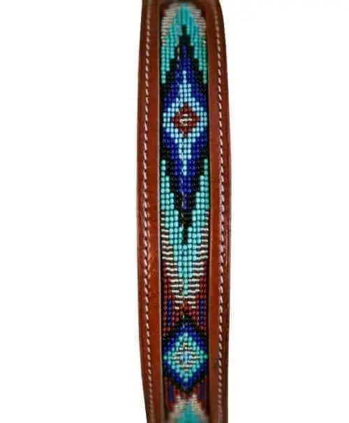 Genuine leather dog collar with turquoise, blue beaded inlay design Dog