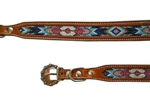 Leather dog collar features a medium leather with turquoise, pink and purple beaded inlay Dog