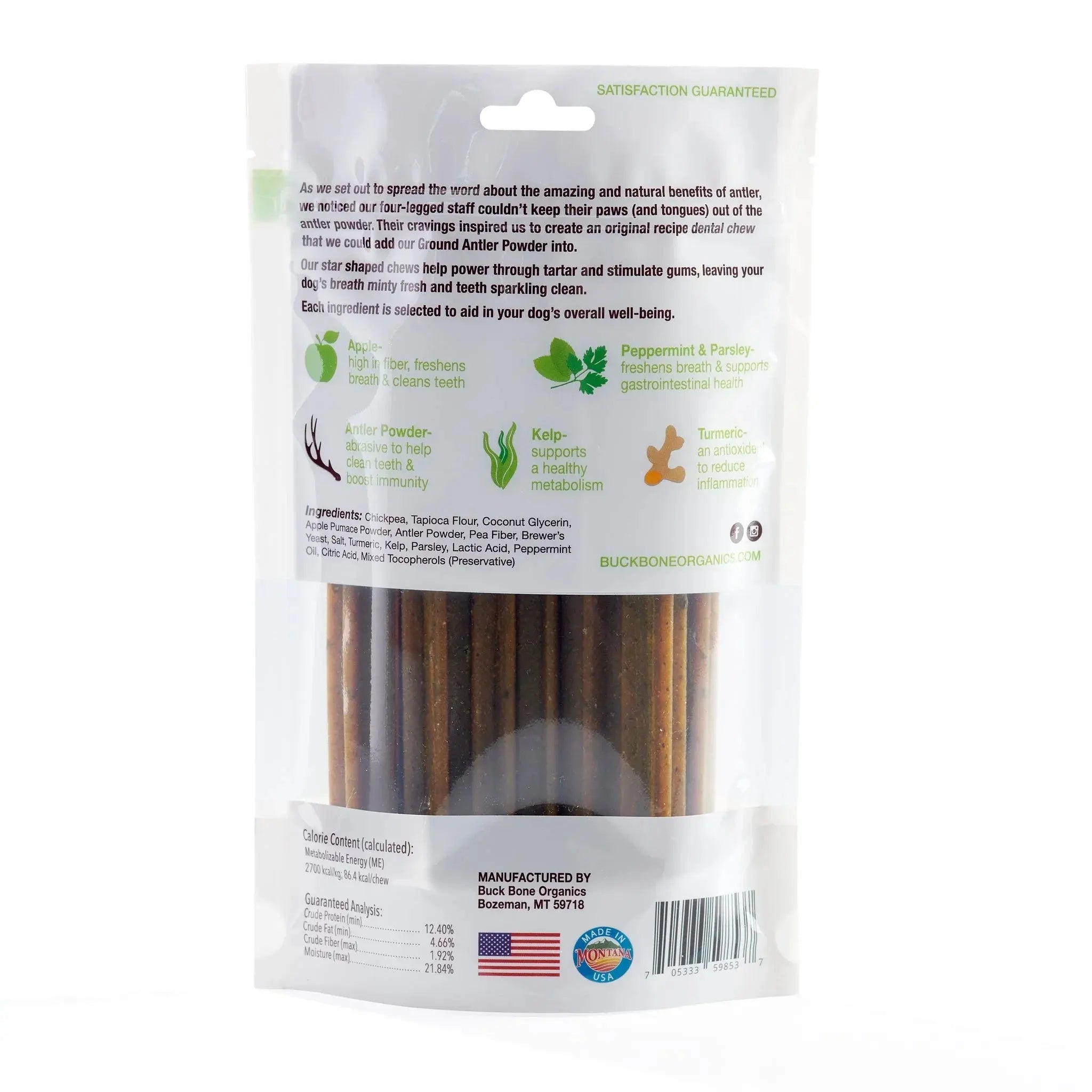 Grain free dental chews 12 pack with antler powder, peppermint, apple: brown star-shaped chews in clear package