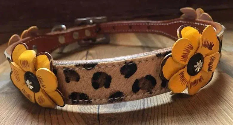 Genuine leather dog collar with a hair on cheetah, and yellow painted 3D flower accent Dog