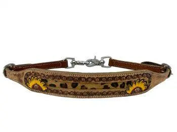 Brown leather wither strap with sunflower embroidery and cheetah inlay